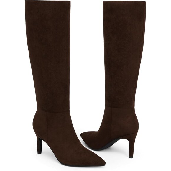 Women Dark Brown Suede Faux Leather Pointed Toe Stiletto Heel Zipper Dress Boot - Picture 3 of 7